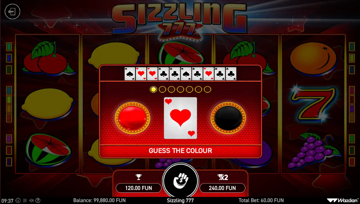 The Gamble feature screen in Sizzling 777, presenting a red-or-black card choice which represents the slot's main risk-reward mechanic.