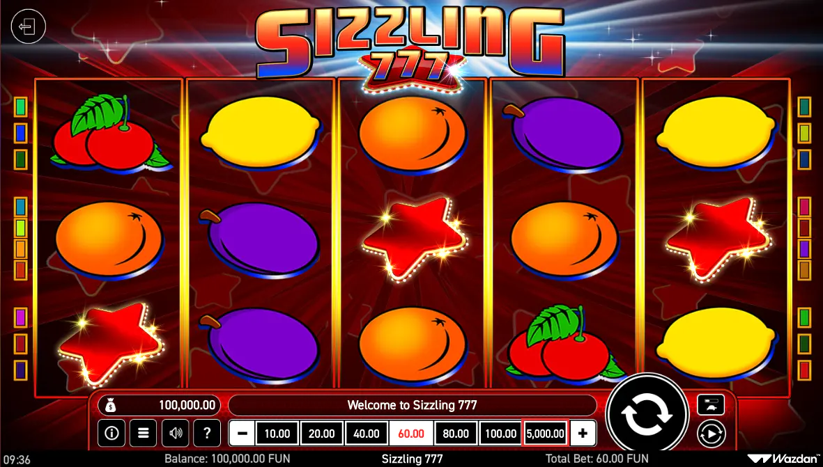 The main 5x3 game grid of the Sizzling 777 slot showing classic fruit symbols, which establishes the game's retro theme and simple layout for the player.