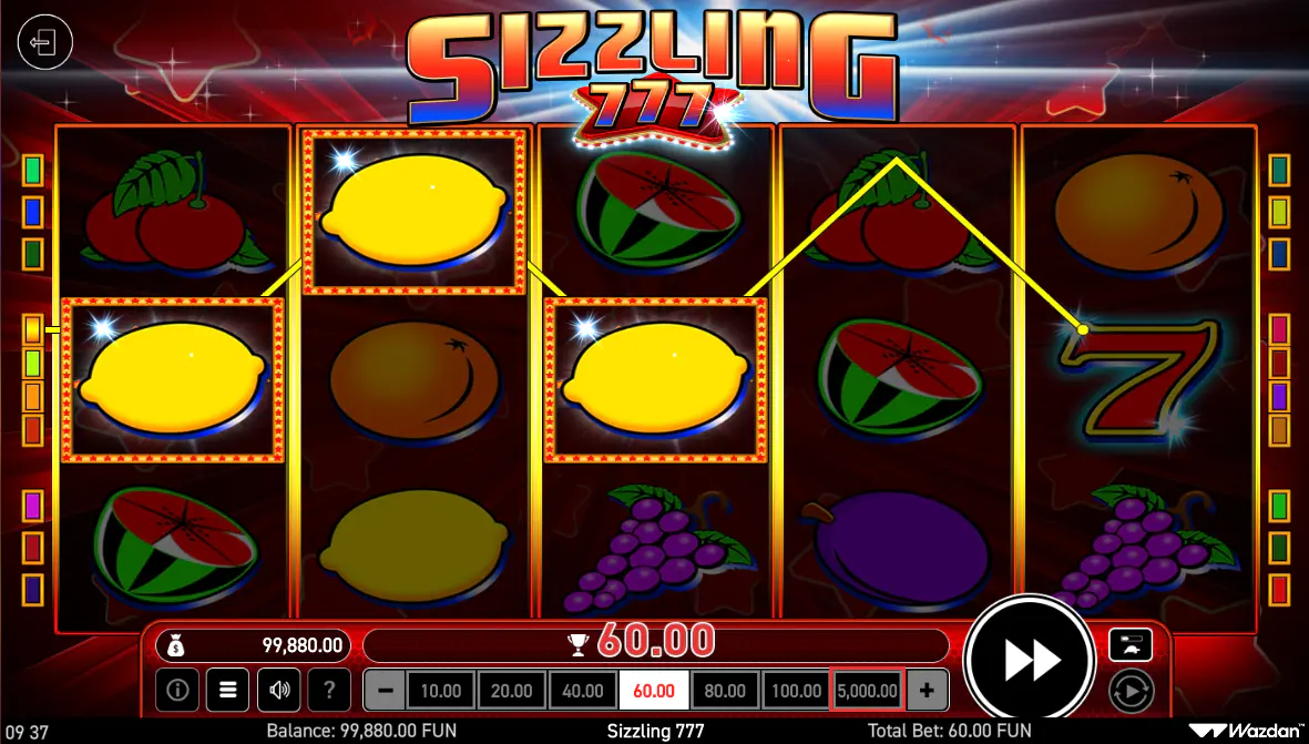 A winning combination of lemon symbols highlighted on a payline in the Sizzling 777 slot, demonstrating a standard base game payout mechanism.