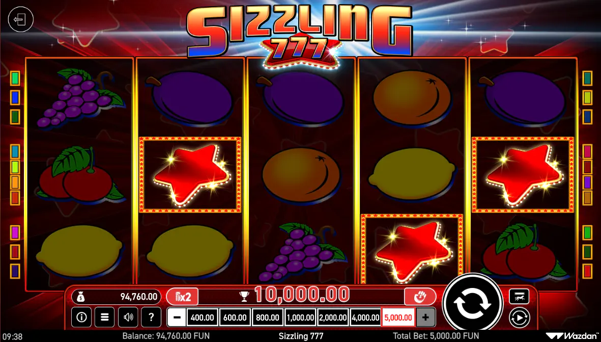 Three Red Star scatter symbols landing anywhere on the Sizzling 777 reels to award a win, illustrating the game's primary bonus feature.