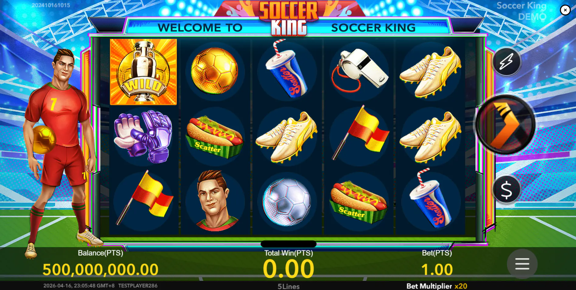 Soccer King base game screen with the reel set and betting interface, showing the simple football-themed layout players start with