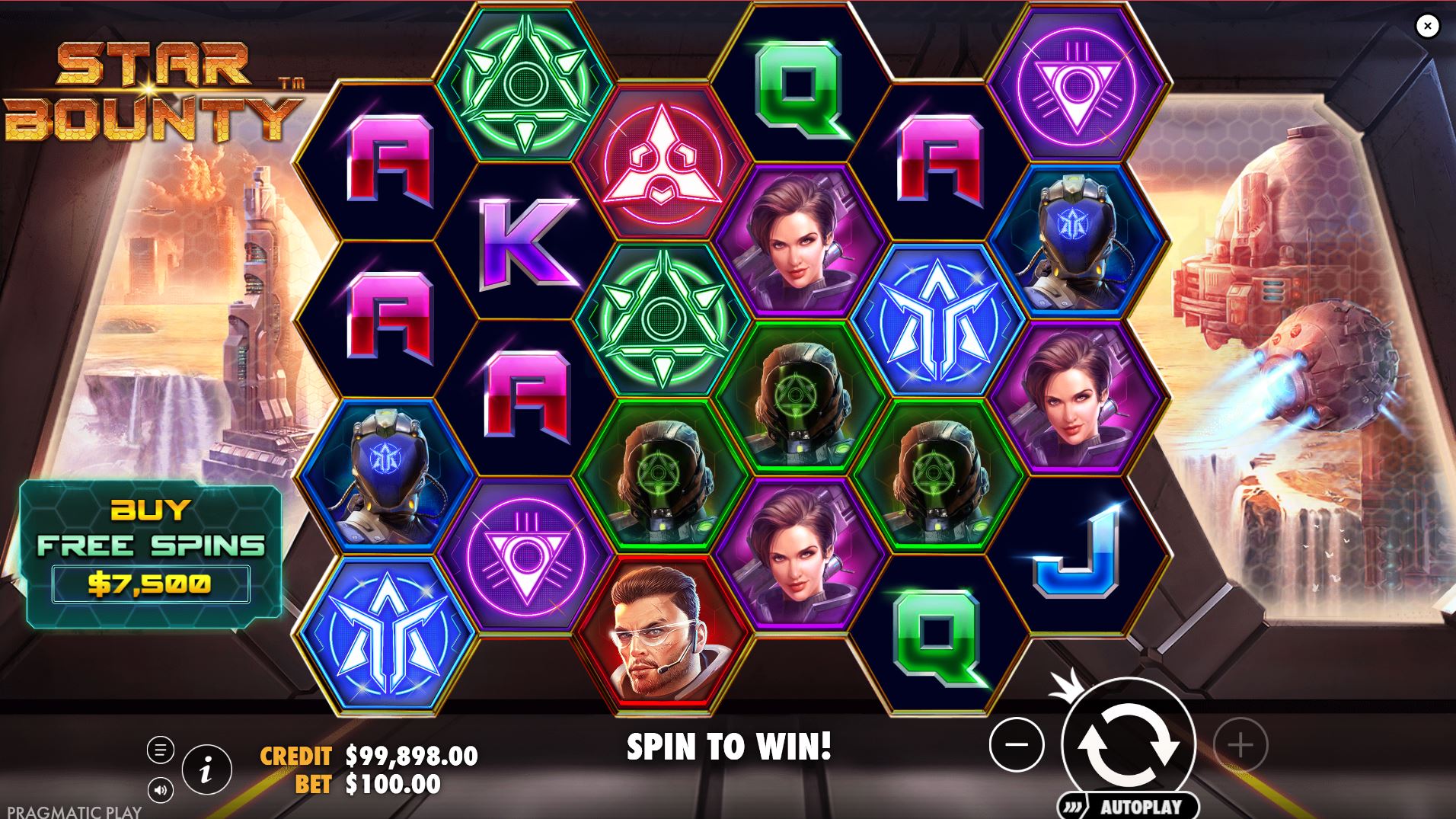 The hexagonal 6x4 game grid of the Star Bounty slot, set against a futuristic alien landscape.