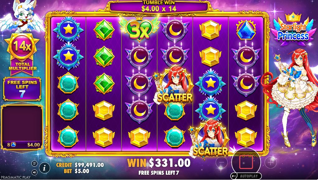The Starlight Princess Free Spins round showing the total accumulated multiplier.