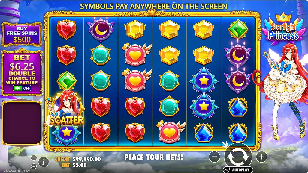 Starlight Princess slot machine main game screen with anime princess character.