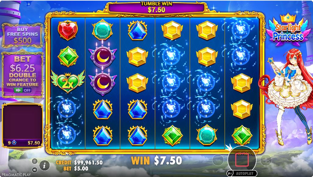 The Tumble Feature in action on the Starlight Princess slot, with new symbols falling into place.