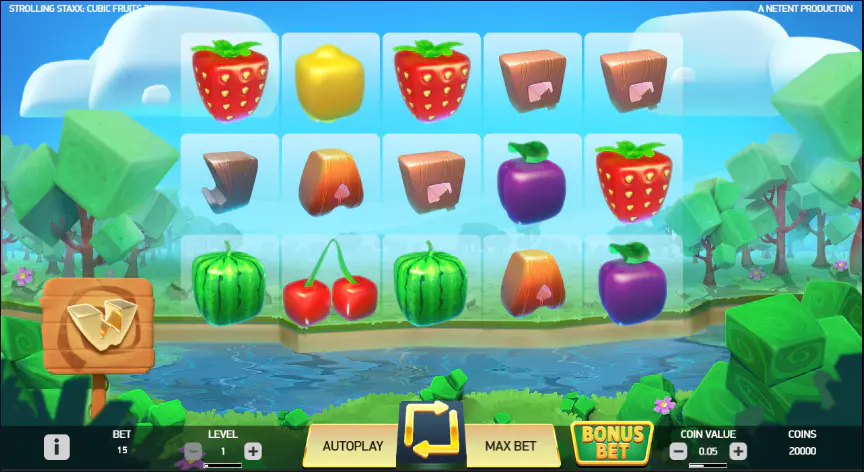 Strolling Staxx main game grid during base play, showing the 5x3 layout and betting controls players use every spin