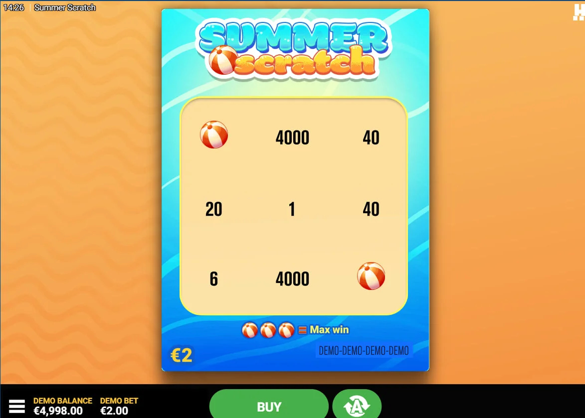 Summer Scratch main game interface showing the 3x3 card cover before scratching, highlighting the $2 bet level for player reference.