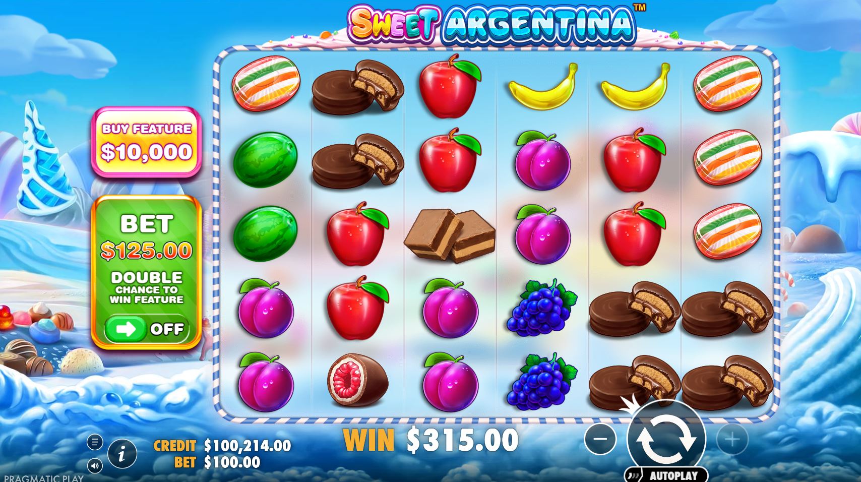 The 6x5 grid of the Sweet Argentina slot, showcasing the various fruit and candy symbols during base gameplay.