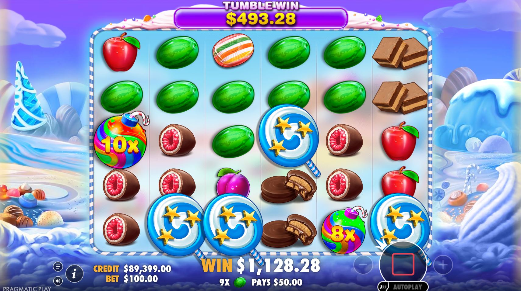 Multiplier symbols with 8x and 10x values appear during the Free Spins feature of the Sweet Argentina slot.