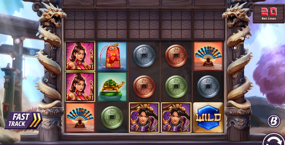 The base 5x3 grid layout of Three Samurai slot displaying various coin icons and thematic symbols to illustrate standard gameplay parameters.