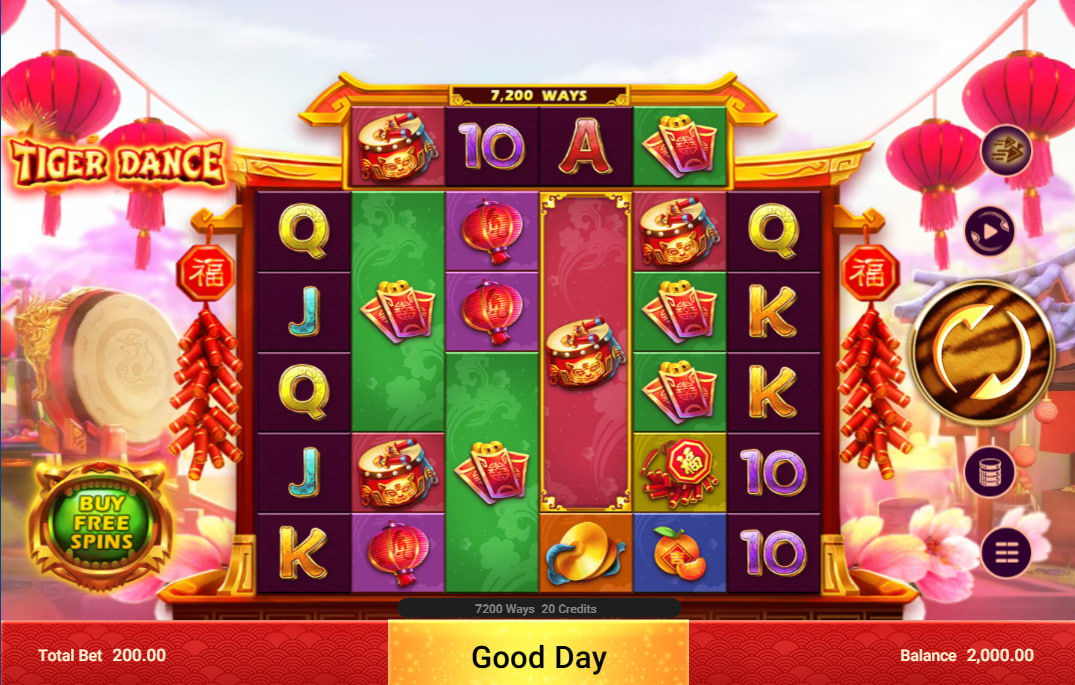 The main 6-reel grid of Tiger Dance slot during a base spin showcasing different festive Chinese symbols to highlight the available way combinations for players.