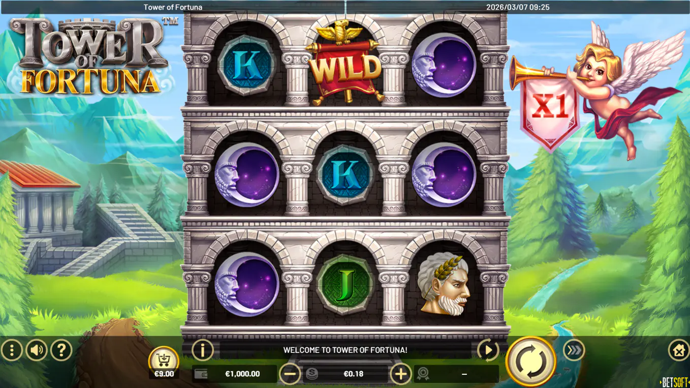 The base game grid of Tower of Fortuna with a 1x multiplier displayed, illustrating the starting point for the player's climb.