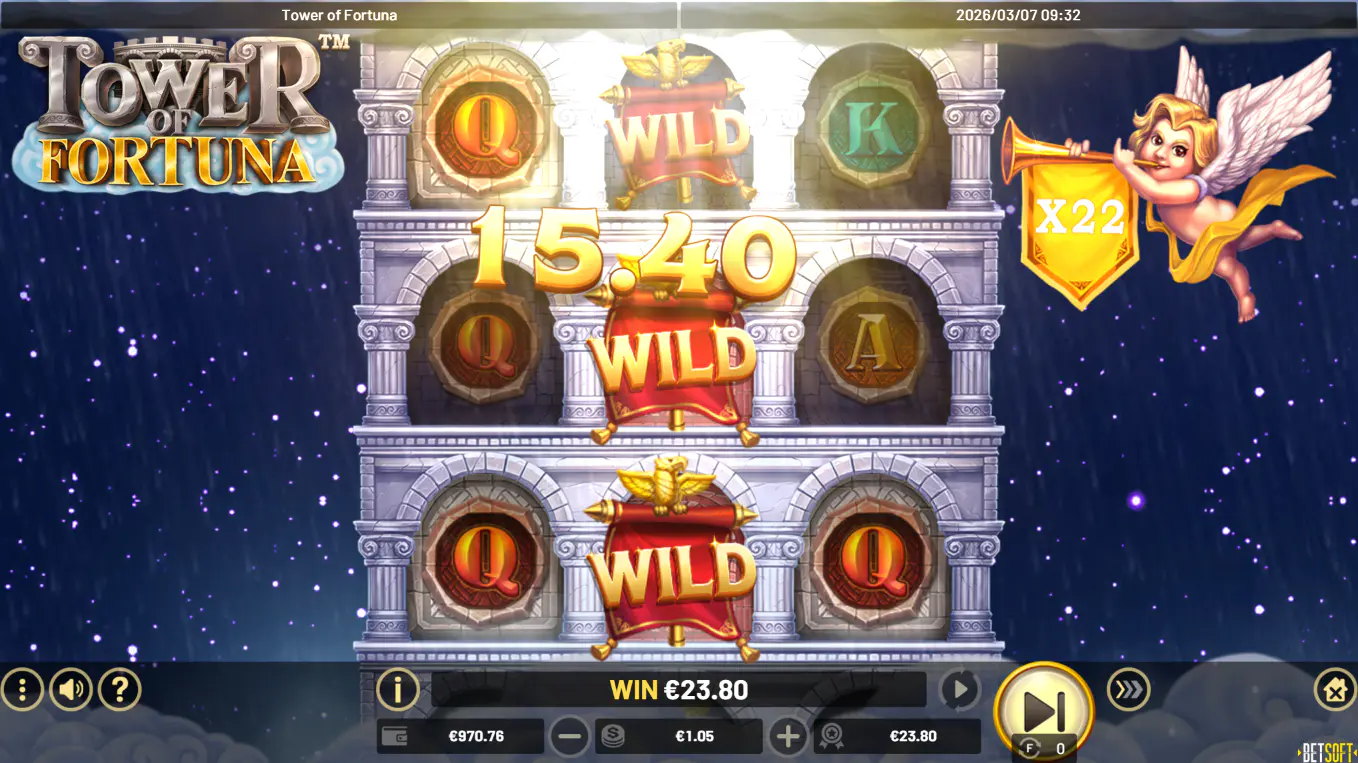 Gameplay during the Tower of Fortuna free spins feature with a high x22 multiplier active, showing the enhanced winning potential of the bonus.