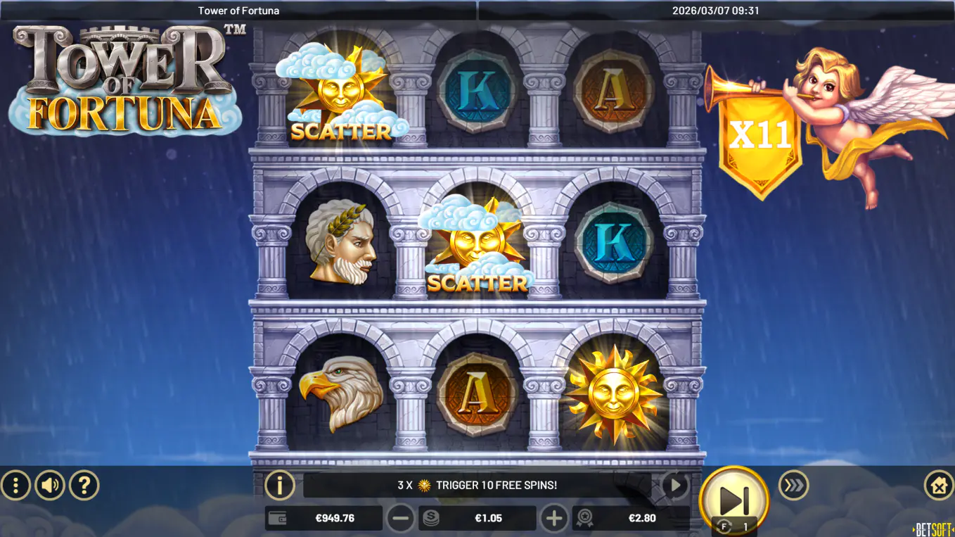 Three Blazing Sun scatter symbols landing on the reels of Tower of Fortuna, triggering the valuable free spins bonus round for the player.