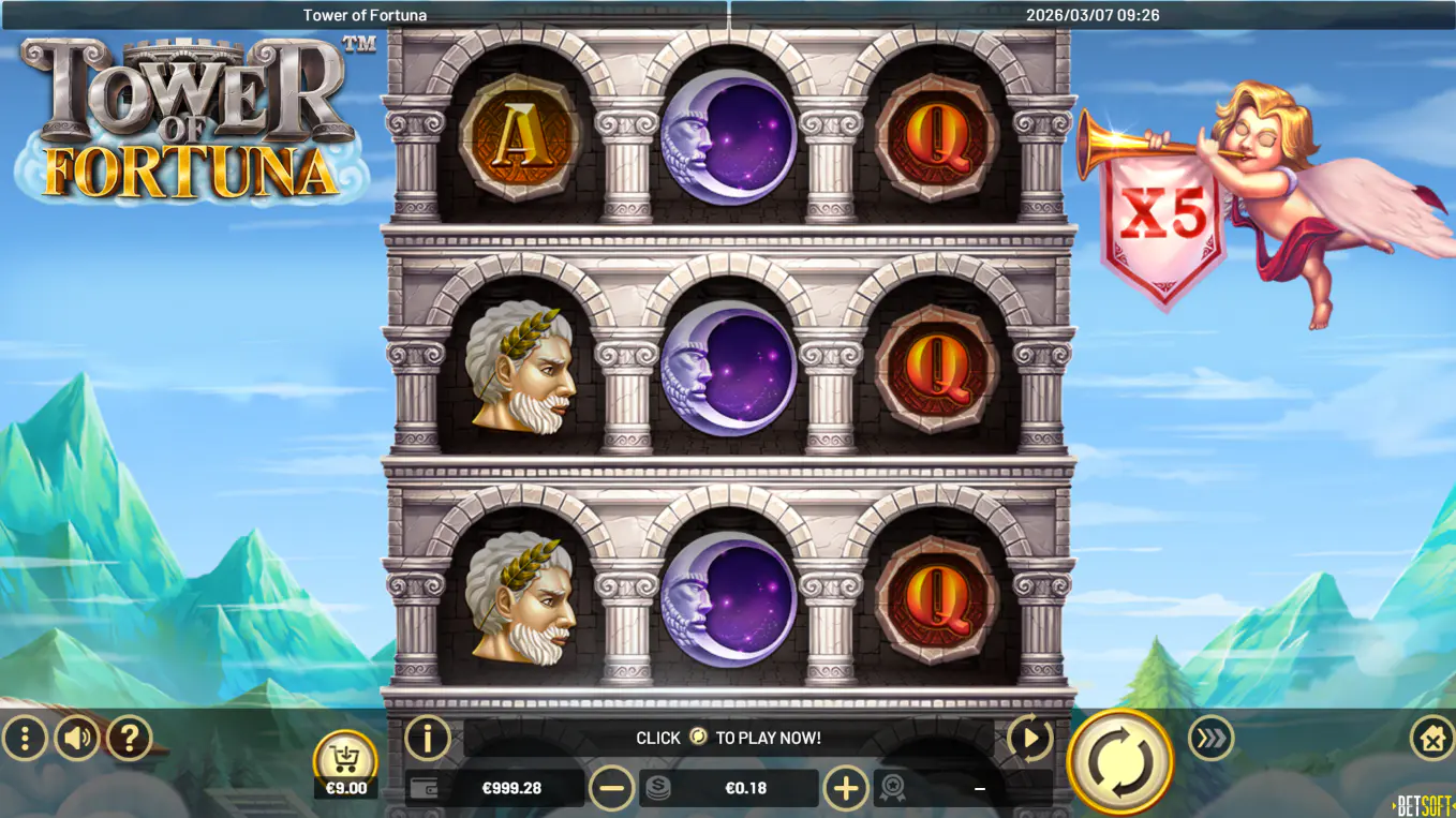 The multiplier in Tower of Fortuna increased to x5 after several losing spins, demonstrating the core gameplay loop of building potential.