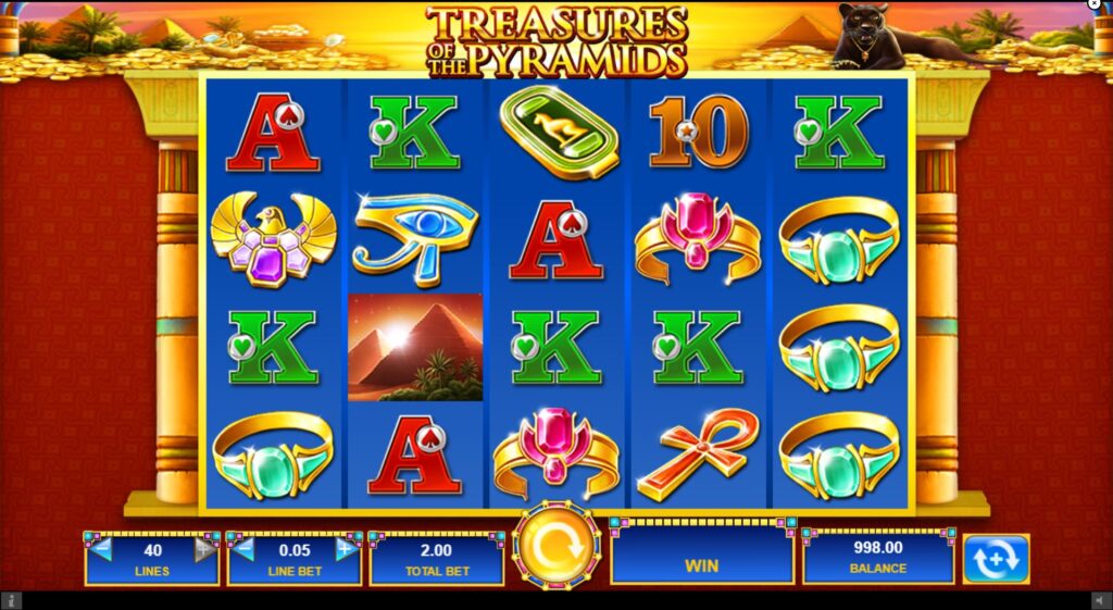 Treasures of the Pyramids slot base game view with Egyptian symbols