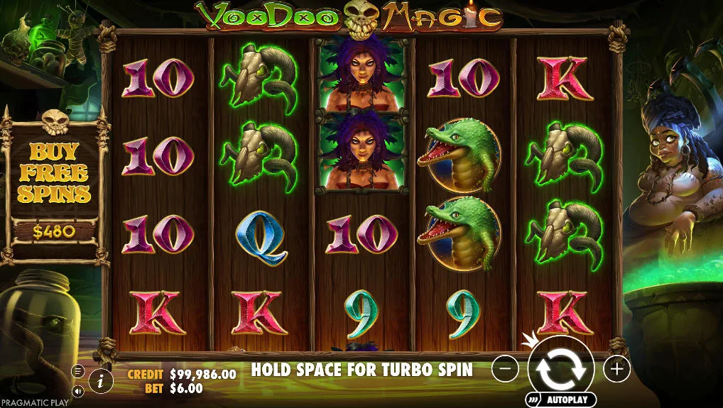 The base game grid of the Voodoo Magic slot, showing the 5x4 layout and spooky symbols against the backdrop of a witch doctor's hut, illustrating the game's high-quality design.