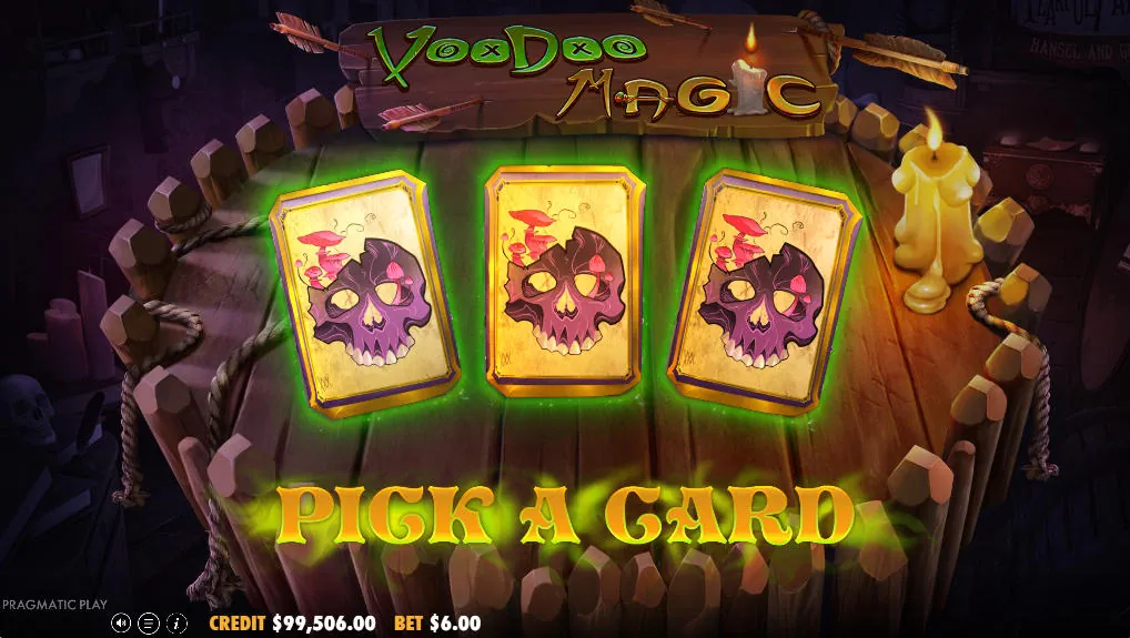 The card selection screen in Voodoo Magic that appears after triggering the bonus, where the player's choice determines which of the three Free Spins modes with guaranteed wins will activate.