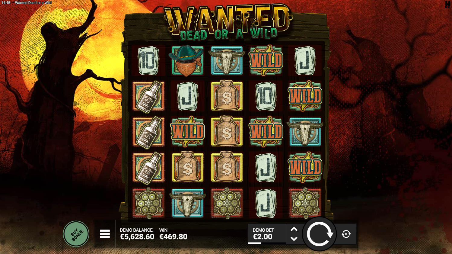 The 5x5 grid of the Wanted Dead or a Wild slot during base gameplay, showcasing the gritty Western-themed symbols against a dark, atmospheric background.