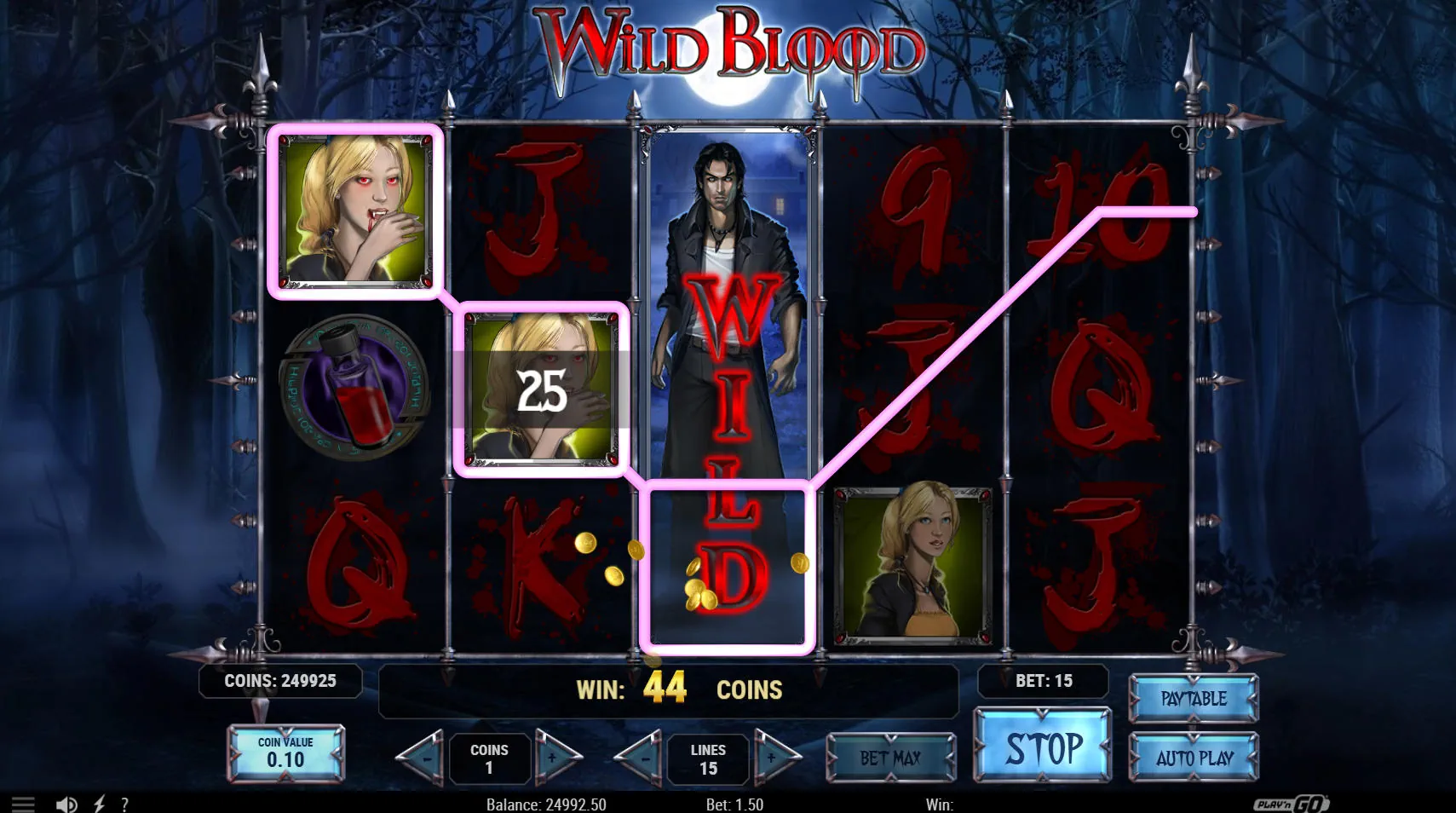 The male vampire wild symbol expanded to cover the entire third reel of the Wild Blood slot machine.