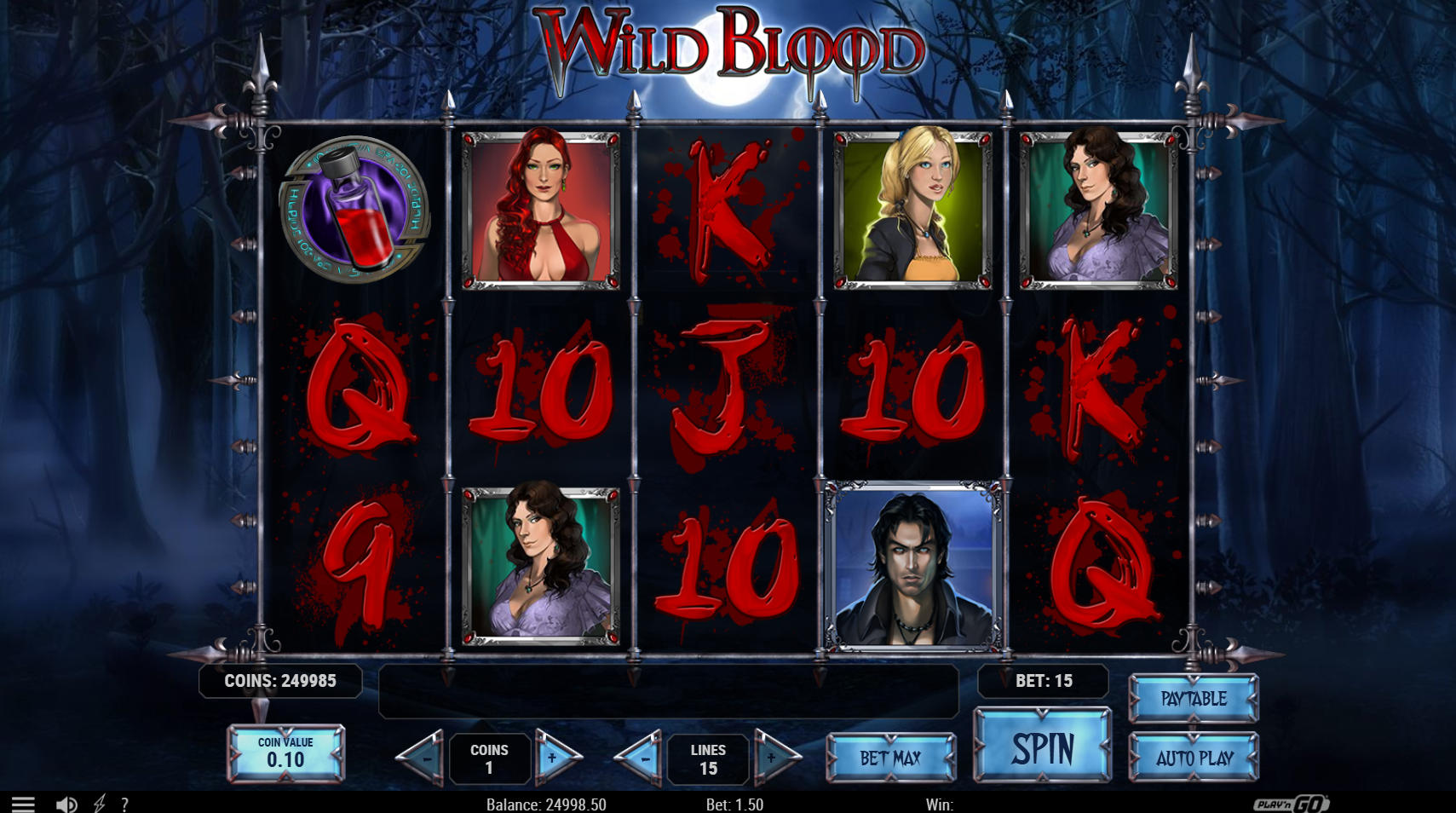 Full view of the Wild Blood slot 5x3 reel grid set against a dark moonlit forest background with betting controls visible.