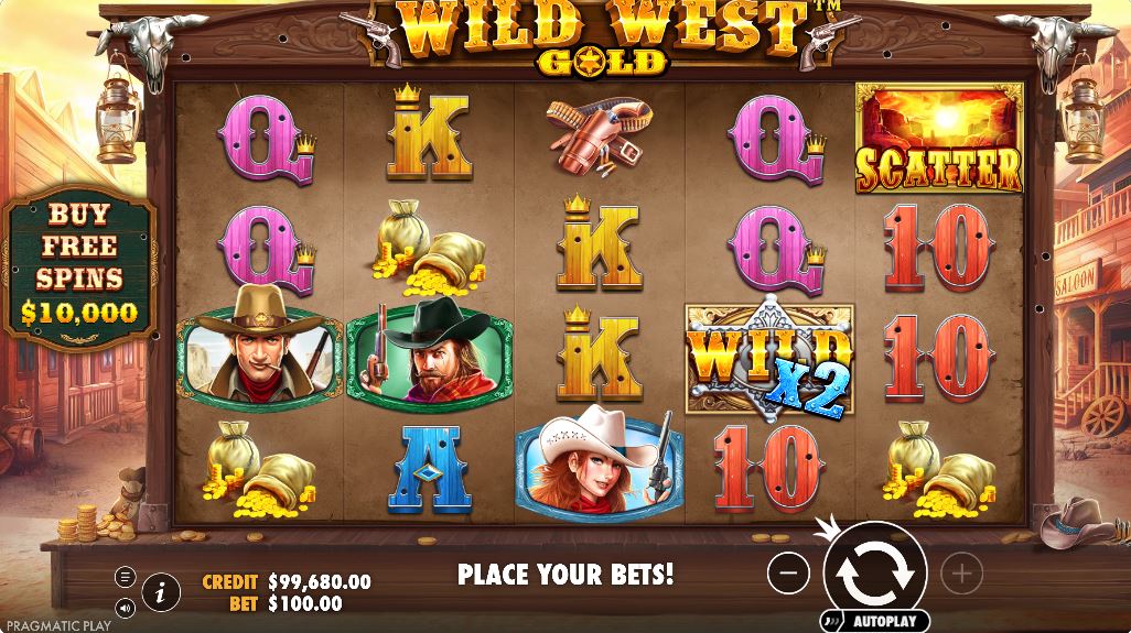 Wild West Gold slot base game view with the 5x4 reel layout and game interface.