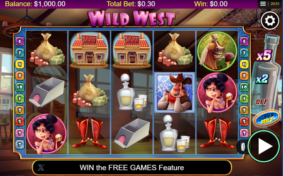 Wild West slot main game screen with SuperBet x5 multiplier bottle active on the right to show player potential win boosts.
