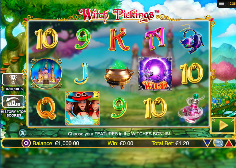 Standard five by three reel layout of Witch Pickings slot showing colorful card symbols and active game menus to help players understand interface design