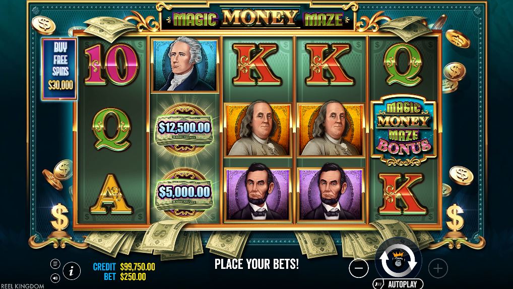 Magic Money Maze slot base game showing the 5x3 reel layout with president symbols.