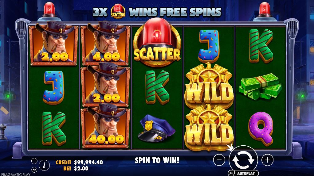 Cash Patrol slot base game grid with cartoon symbols.
