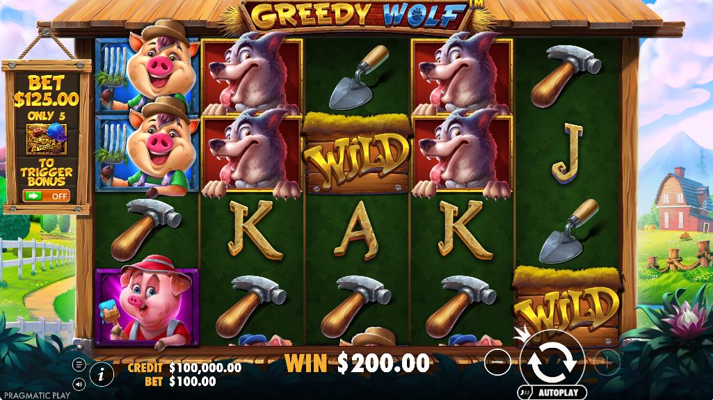 Greedy Wolf slot base game screen with main characters on the 5x4 grid.