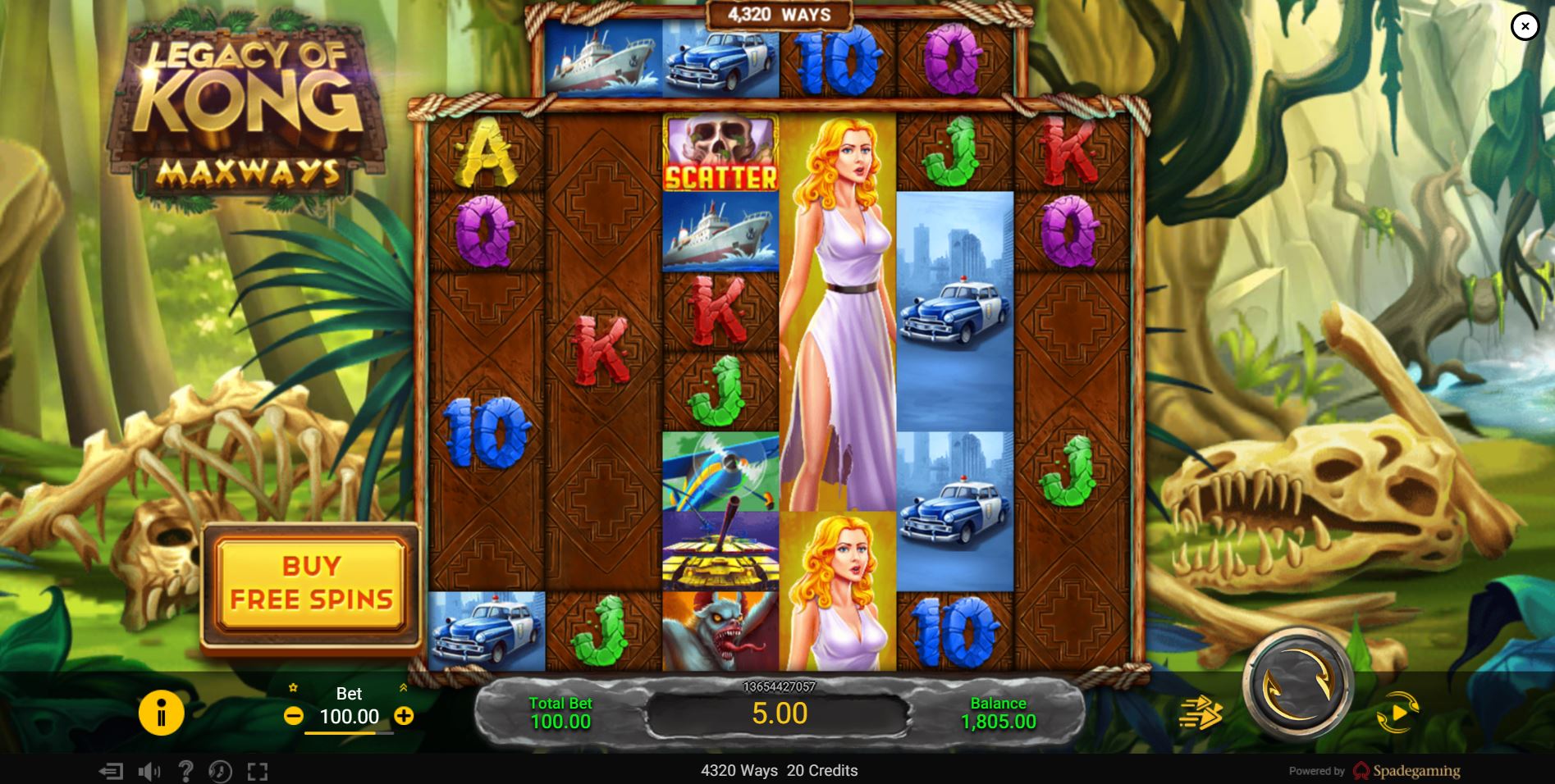 The main game grid of the Legacy of Kong Maxways slot, showcasing the dynamic 6-reel layout and the Maxways win counter.