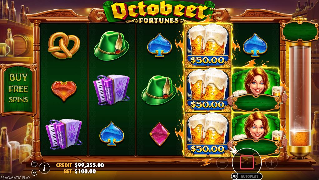 Octobeer Fortunes slot base game interface with a 5x3 reel layout and Oktoberfest theme.