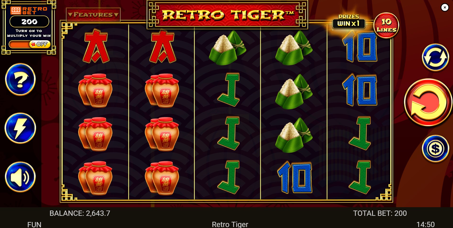 The main 5x3 game grid of the Retro Tiger slot, showing the Asian-themed symbols and the Retro Bet feature switched off.