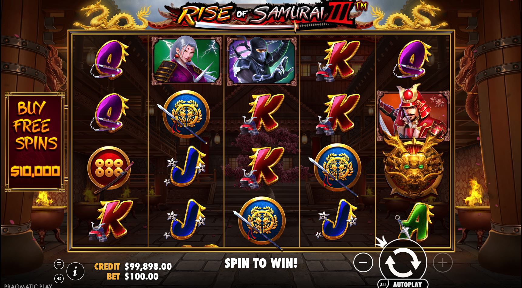 Rise of Samurai III slot base game screen with warrior symbols