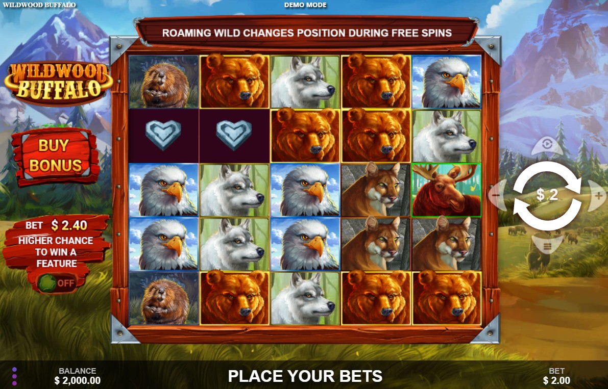 The base game screen of the Wildwood Buffalo slot, showing the 5x5 reel layout and wildlife symbols.