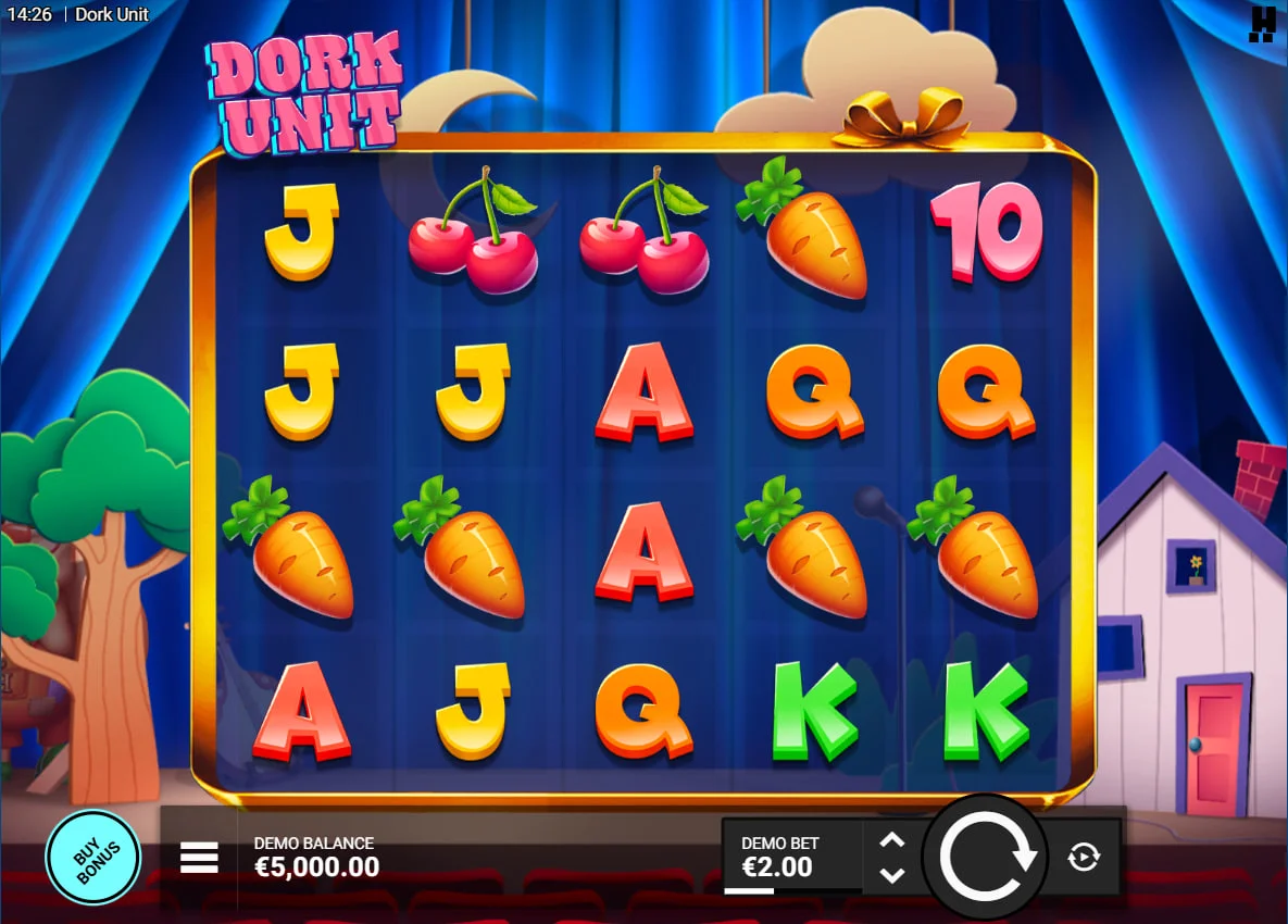 Dork Unit slot base game 5x4 grid featuring fruit symbols and card royals on a theater stage backdrop, showing the layout for players.