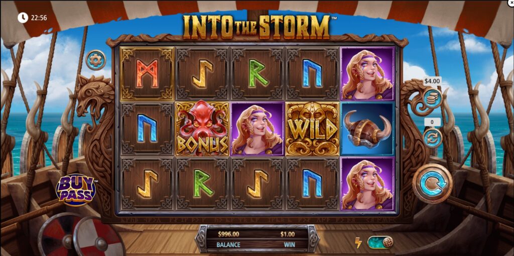 Into The Storm slot base game view with 5x3 reels and Viking symbols.