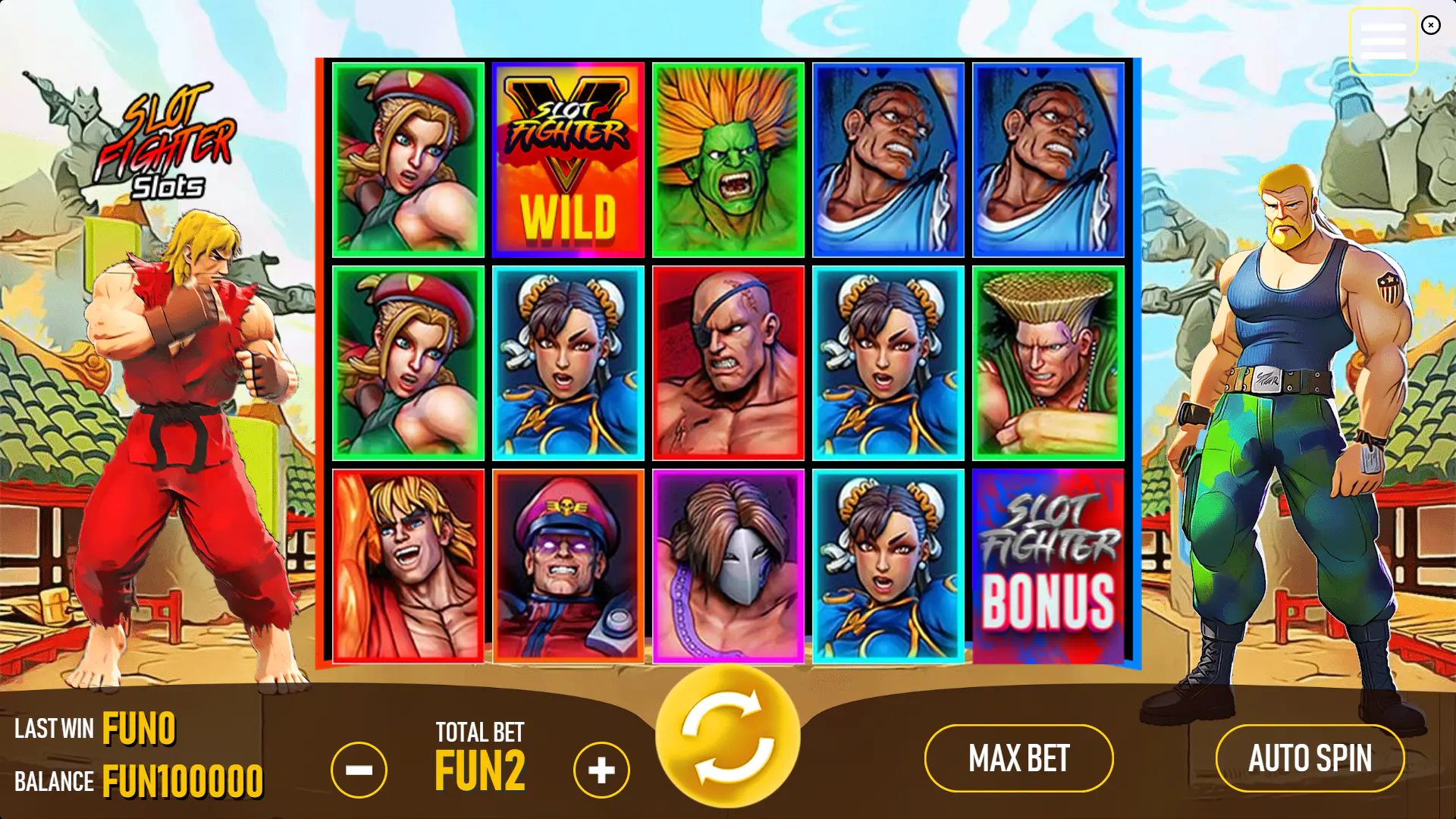 Slot Fighter base game screen with two fighters beside the 5x3 reels, showing the main layout and combat theme