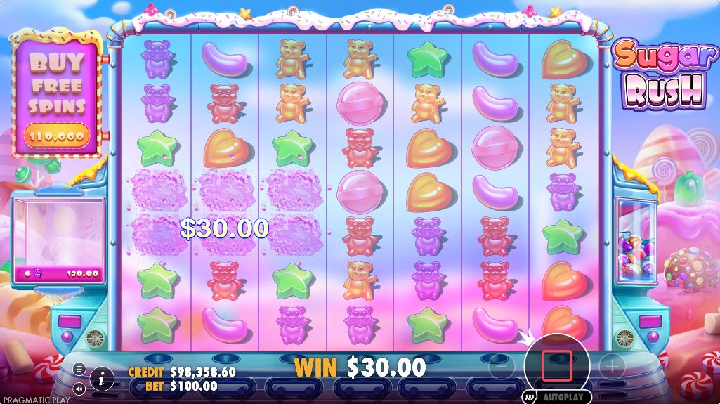  A large winning cluster of pink candy symbols in the Sugar Rush slot base game.