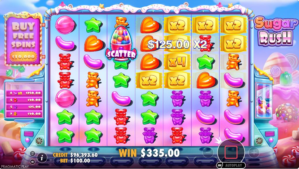 The Multiplier Spots feature activated on the Sugar Rush grid with x2 and x4 multipliers visible.