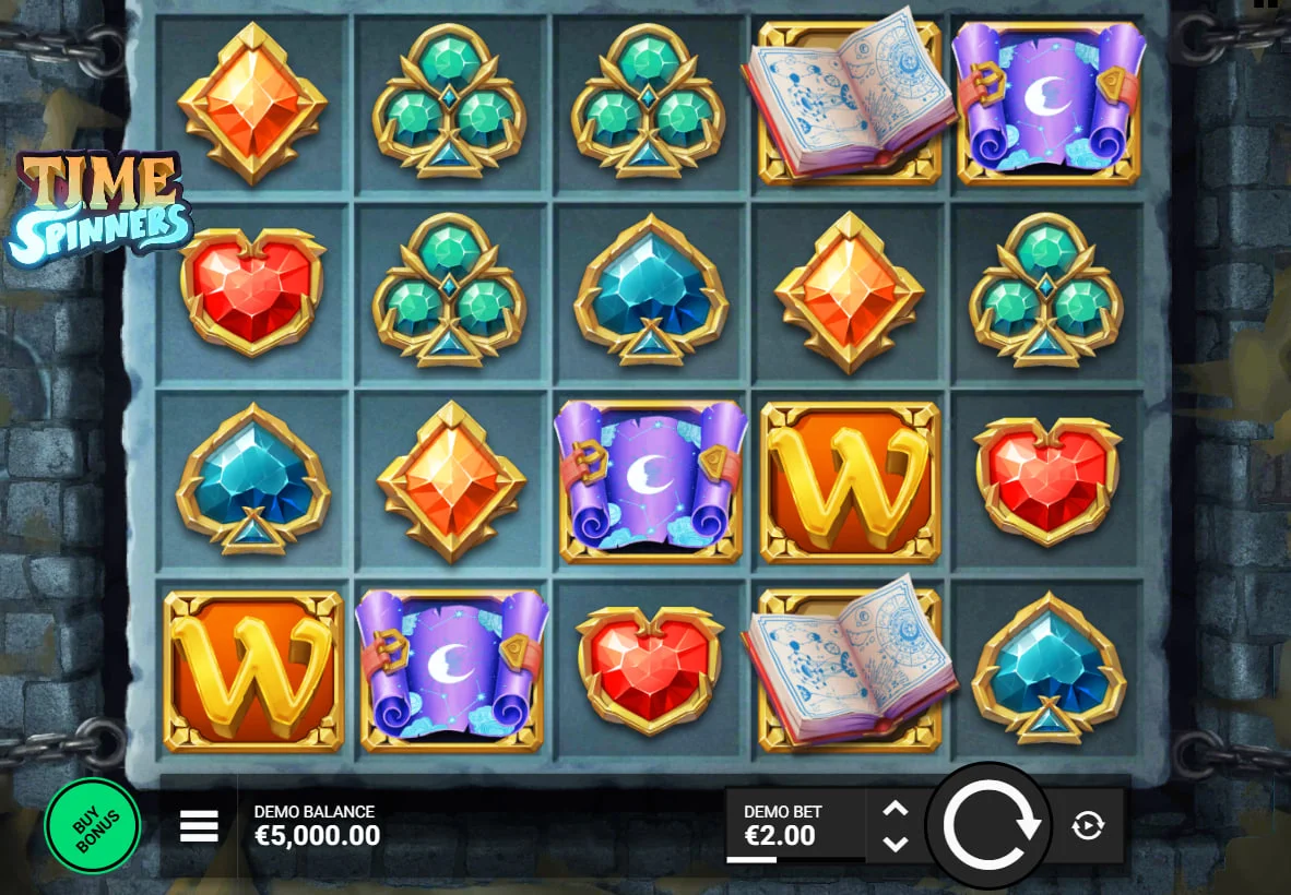 Time Spinners slot 5x4 grid interface showing various symbols and betting controls in a dark ghostly chamber context to help players understand the layout.