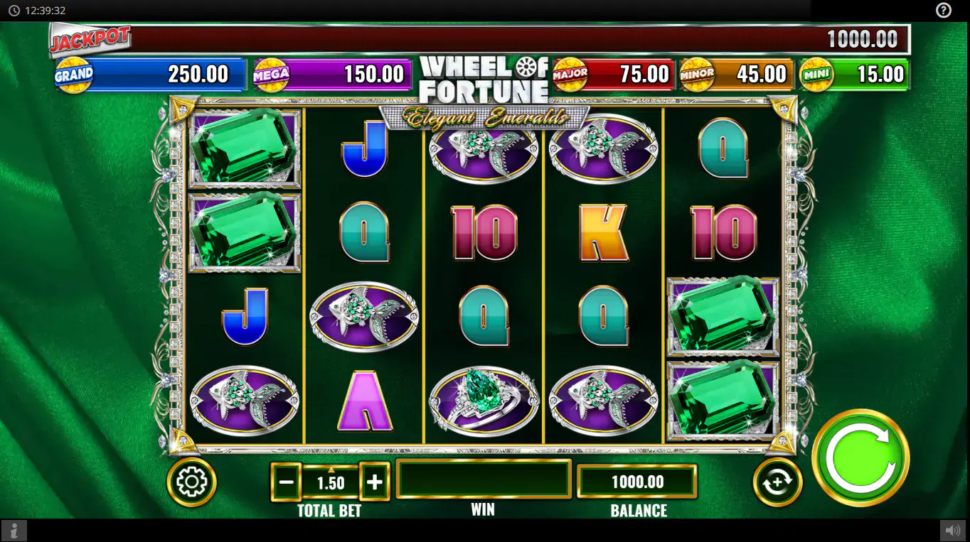 The 5x4 game grid of Wheel of Fortune Elegant Emeralds slot, showcasing the jewel and royal symbols during base gameplay, highlighting the user interface and fixed jackpots.