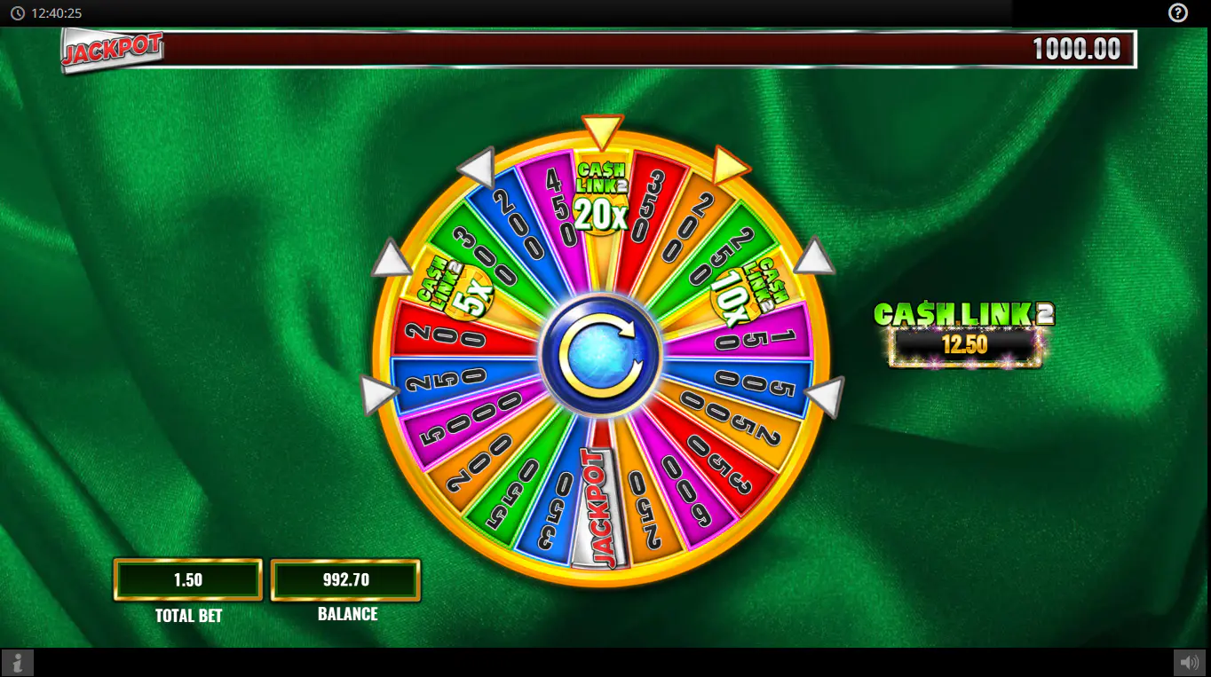 The iconic Prize Wheel from the Wheel Bonus feature, displaying segments for cash awards, multipliers, and the jackpot, which determines the player's reward.