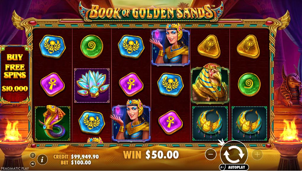 The 6x3 reel layout of the Book of Golden Sands slot during base gameplay, showing Egyptian symbols.