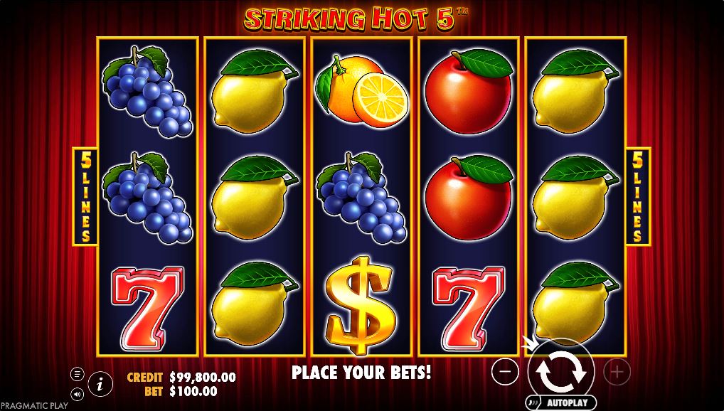 Striking Hot 5 slot base game view with classic fruit symbols on a 5x3 grid.