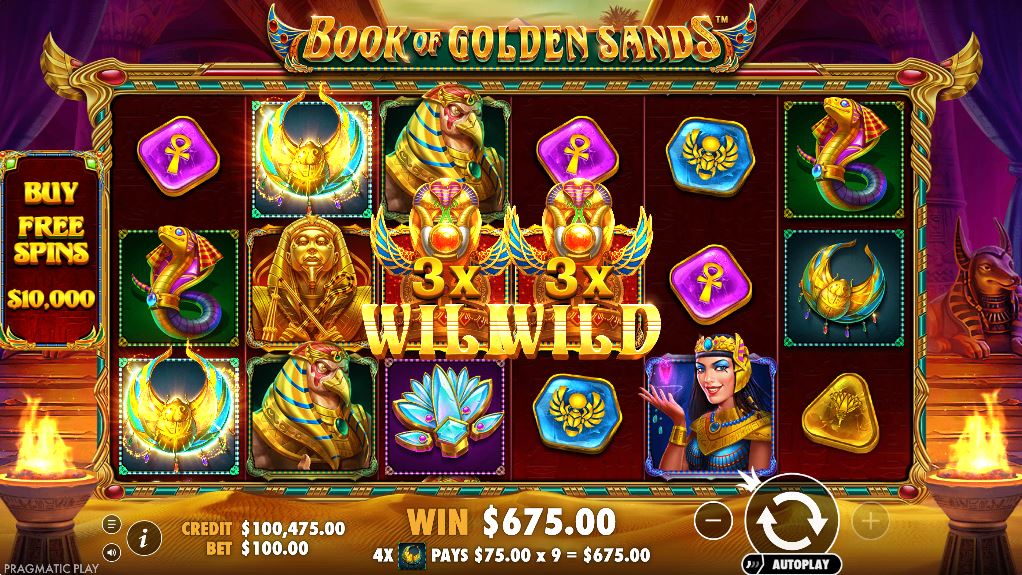 A winning combination in the Book of Golden Sands slot enhanced by a 3x wild multiplier.