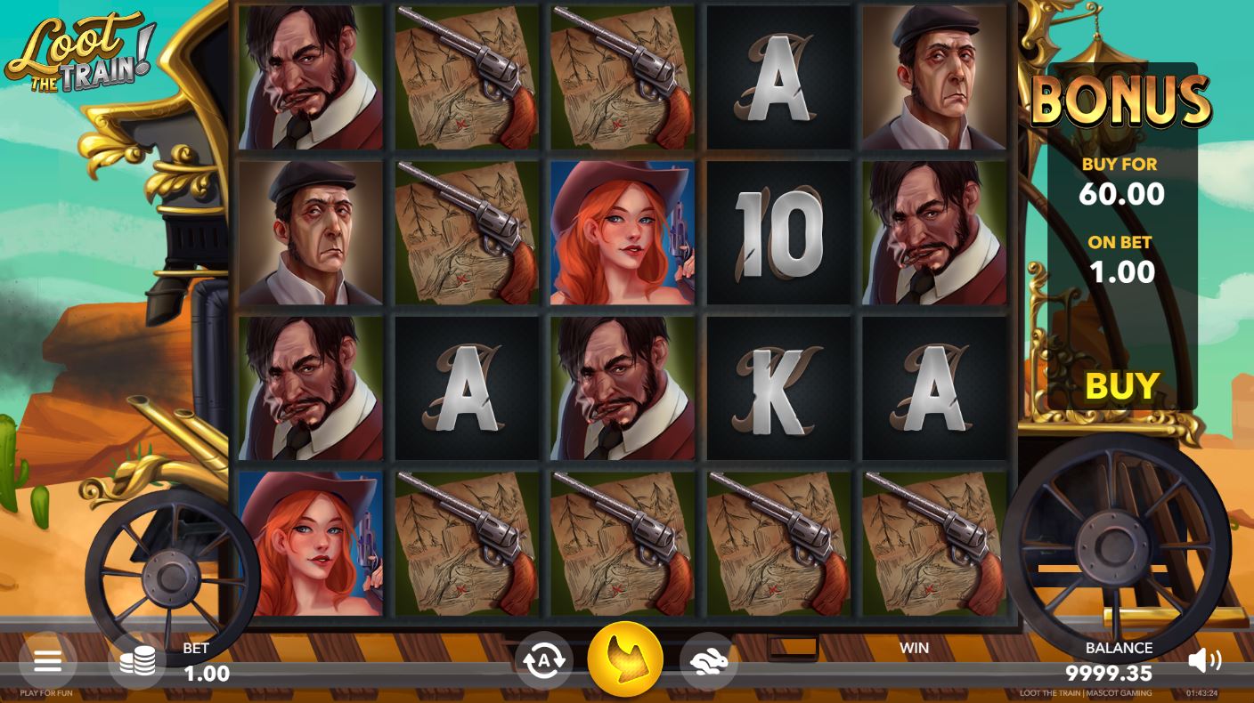 Loot The Train! slot base game screen with 6x4 reels and Wild West theme.