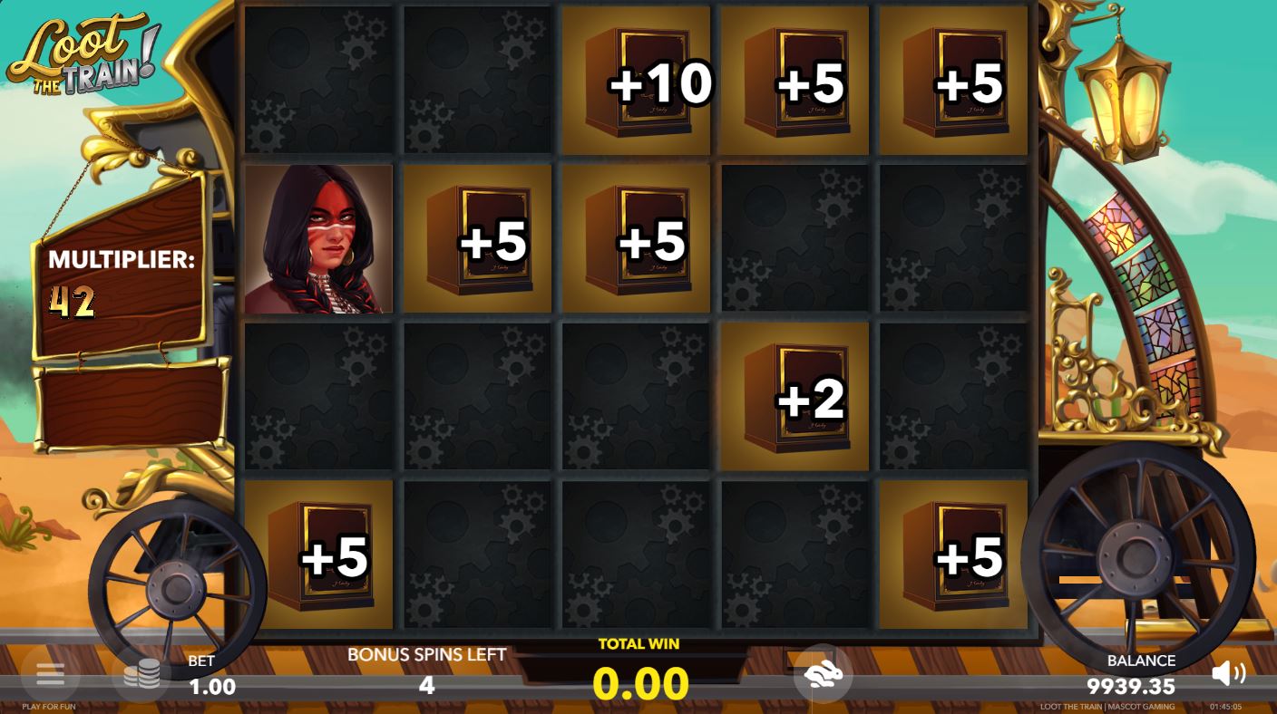 The hold-and-win bonus round of Loot The Train! with active multiplier symbols on the reels.