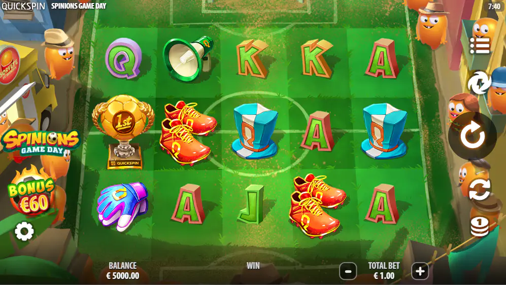 The 5x3 reel layout of Spinions Game Day slot during a base game spin, showing the football pitch background and various cartoon symbols.